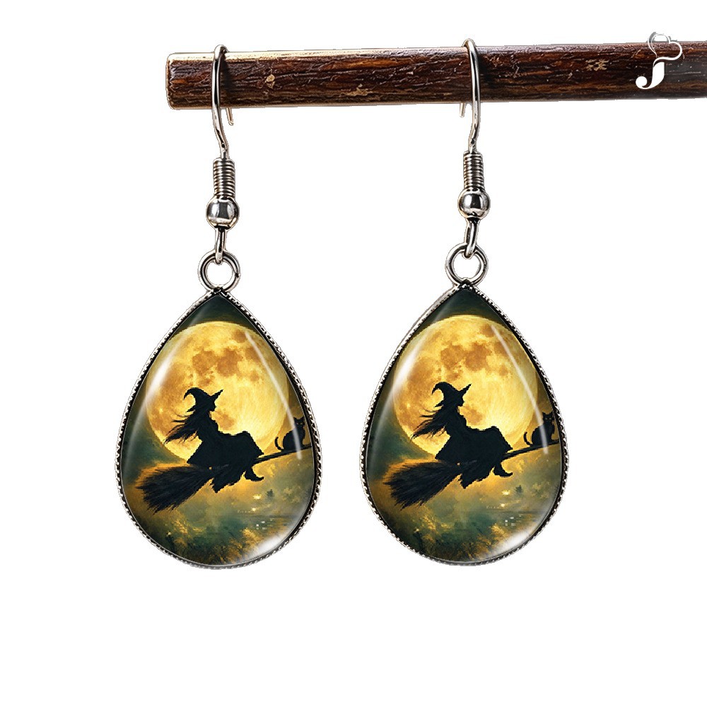 Full Moon Witch Silhouette Teardrop Earrings